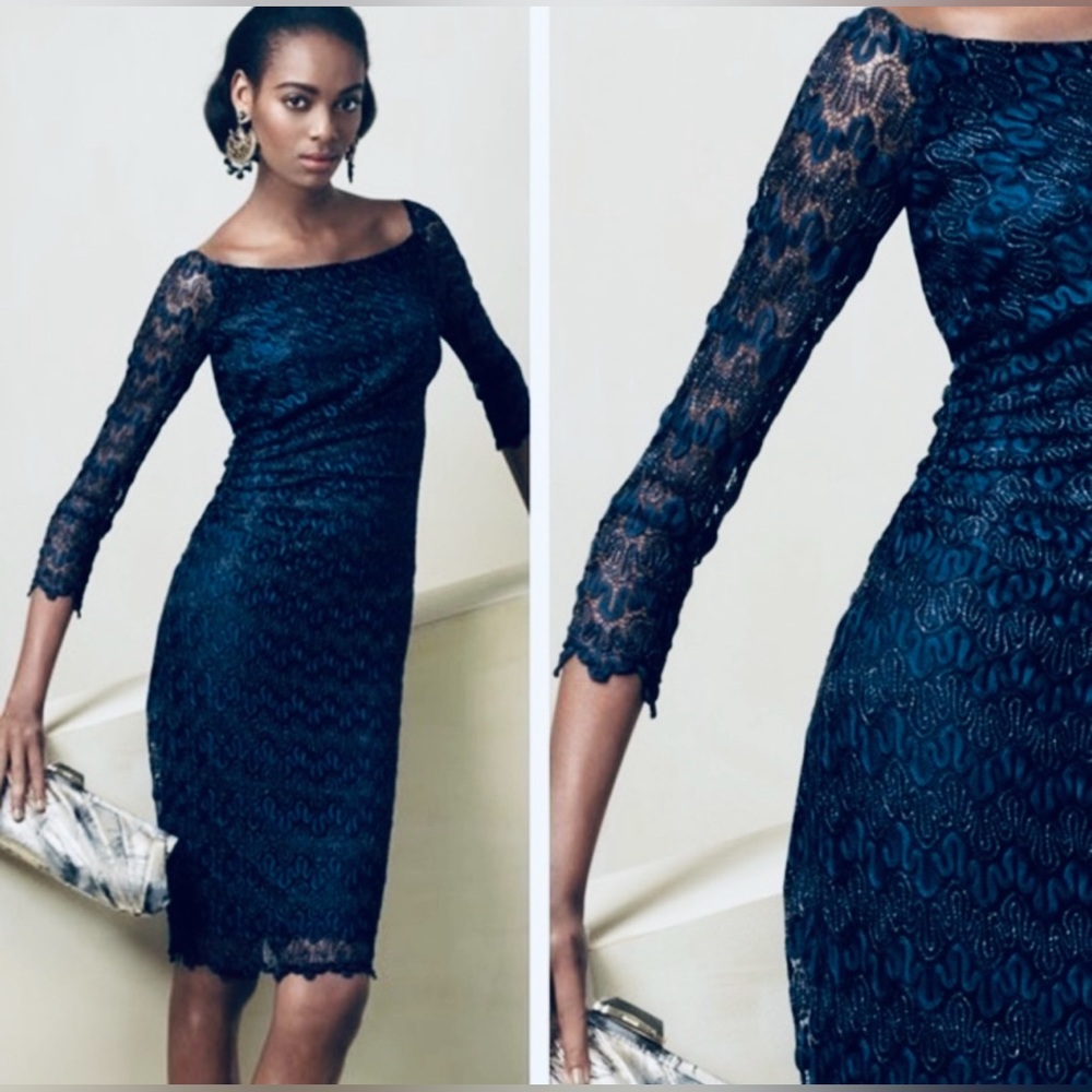 David Meister Navy Blue Lace with Gold Metallic Midi Designer Dress